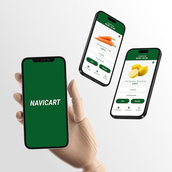 Einblick in die Navicart App. Zu sehen sind 3 verschiedene Screens. 